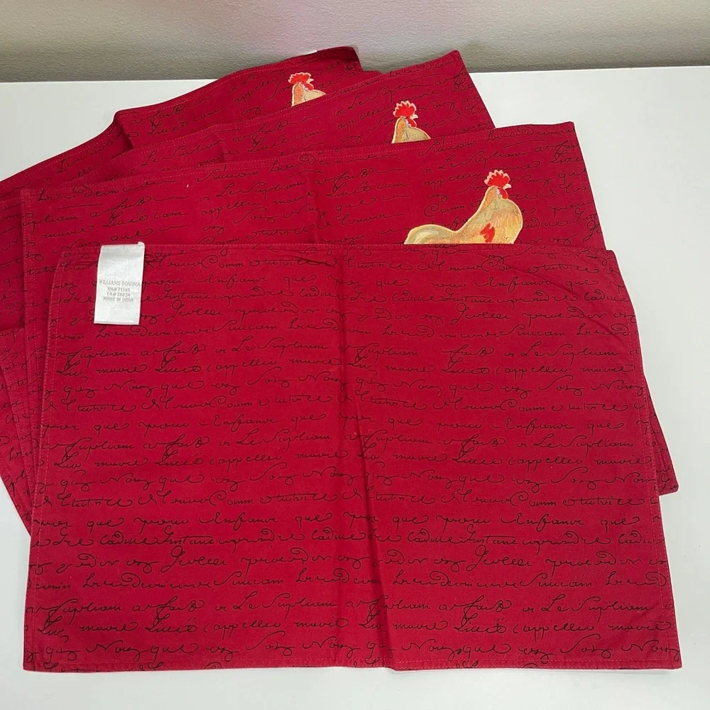 4 Williams Sonoma Placemats Rooster‎ French Script Cotton Cottage Farm Country